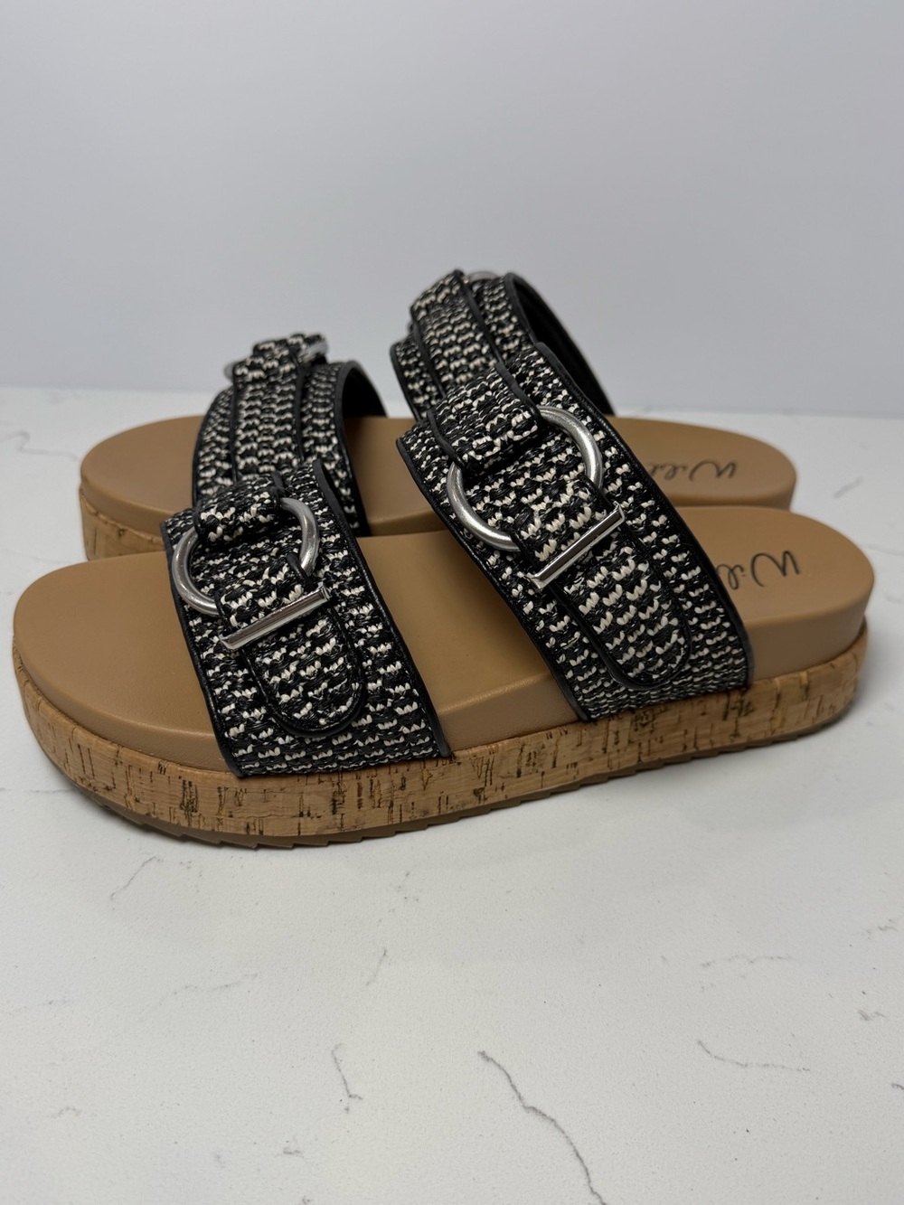 Wild Pair Kayrra Black & White Woven Double-Band Slide Sandals